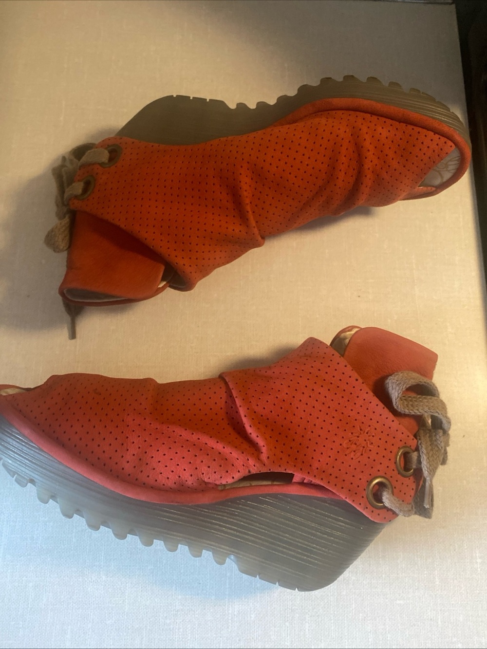Fly London Lace Up Open Toe Wedge Sandals Red Suede Womens 37 US 6 6.5